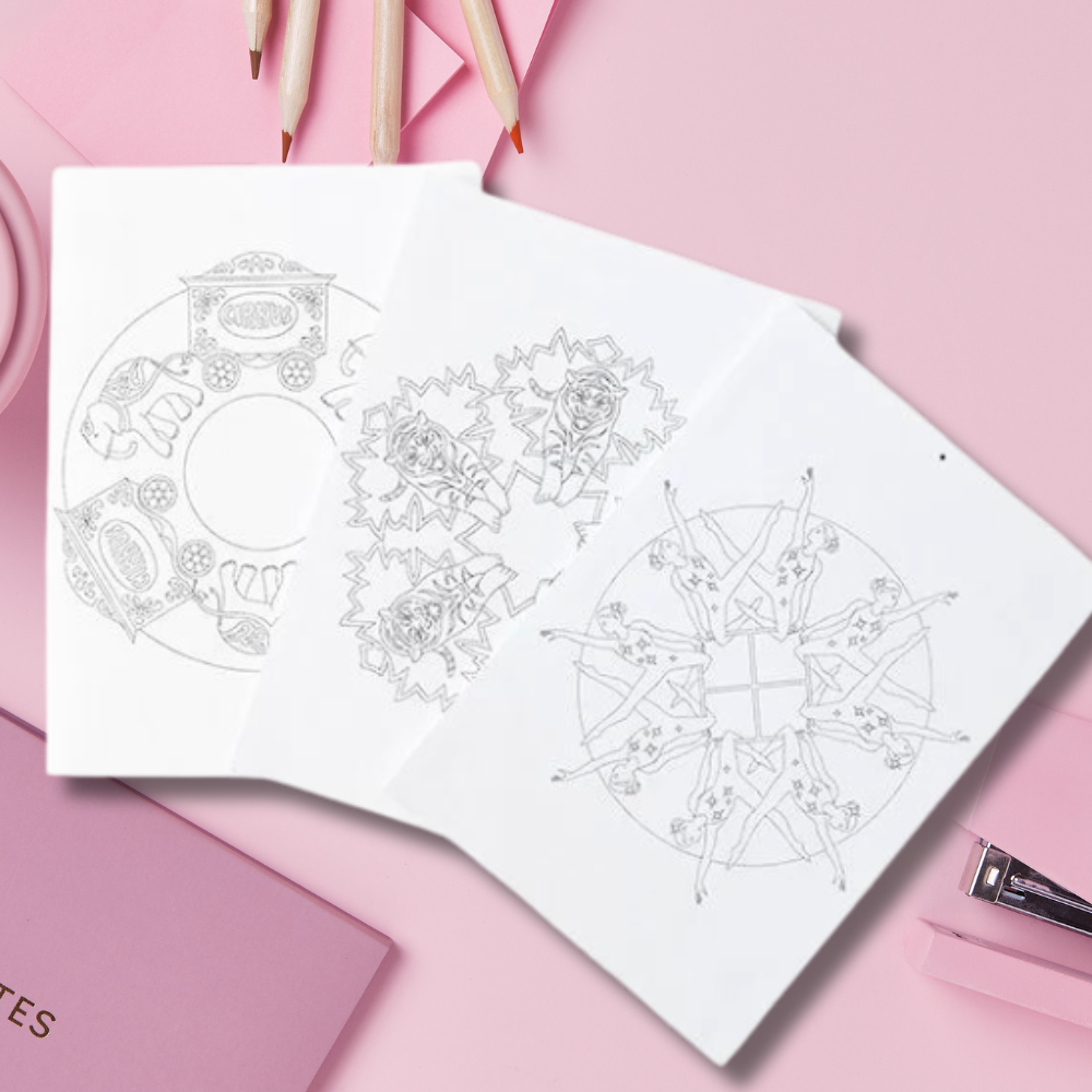 Easy mandalas for kids from 6 years old. This book has a circus theme and is printed on thick papaer