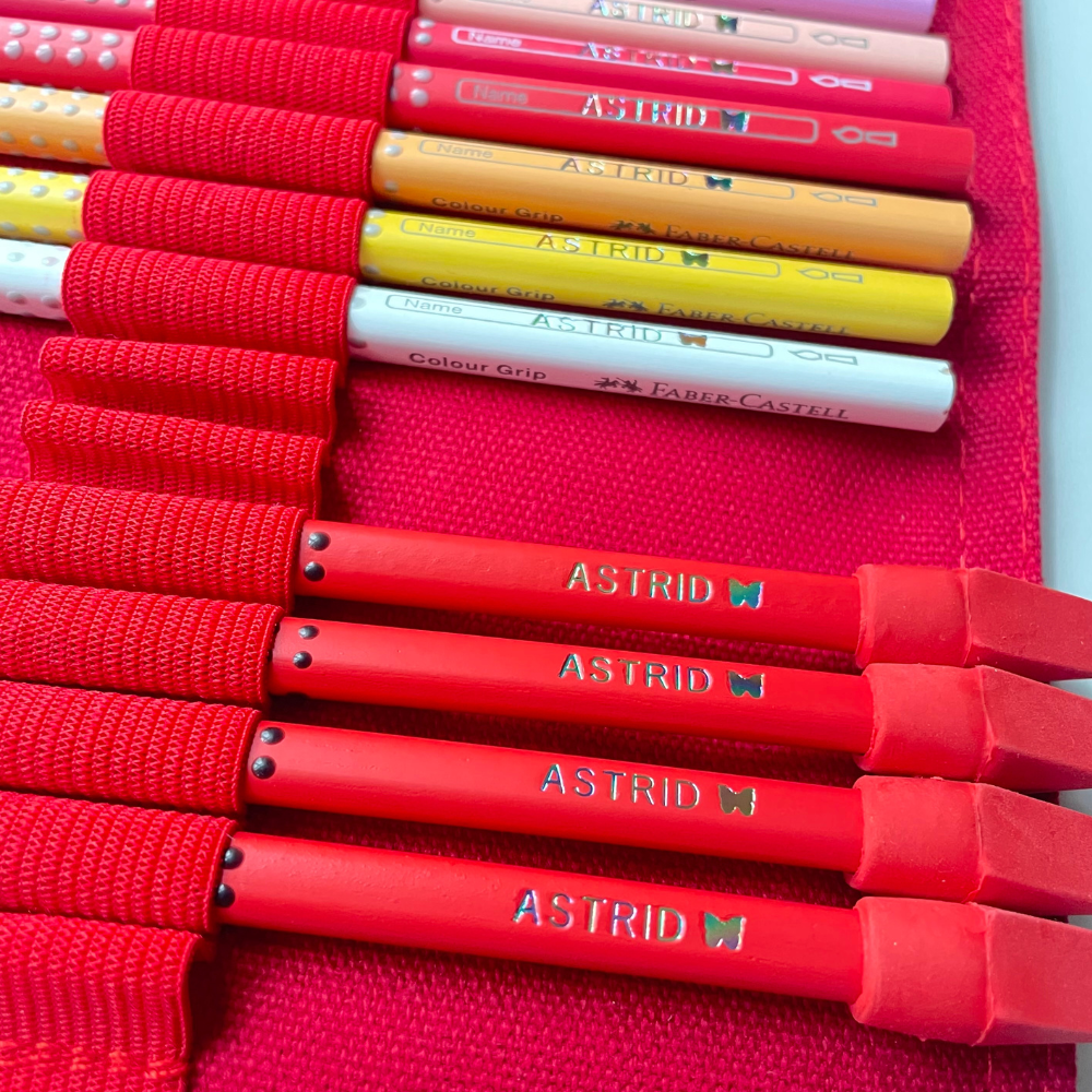 Personalized Faber-Castell coloring pencils. Large set including pencils and roll-up pencil case