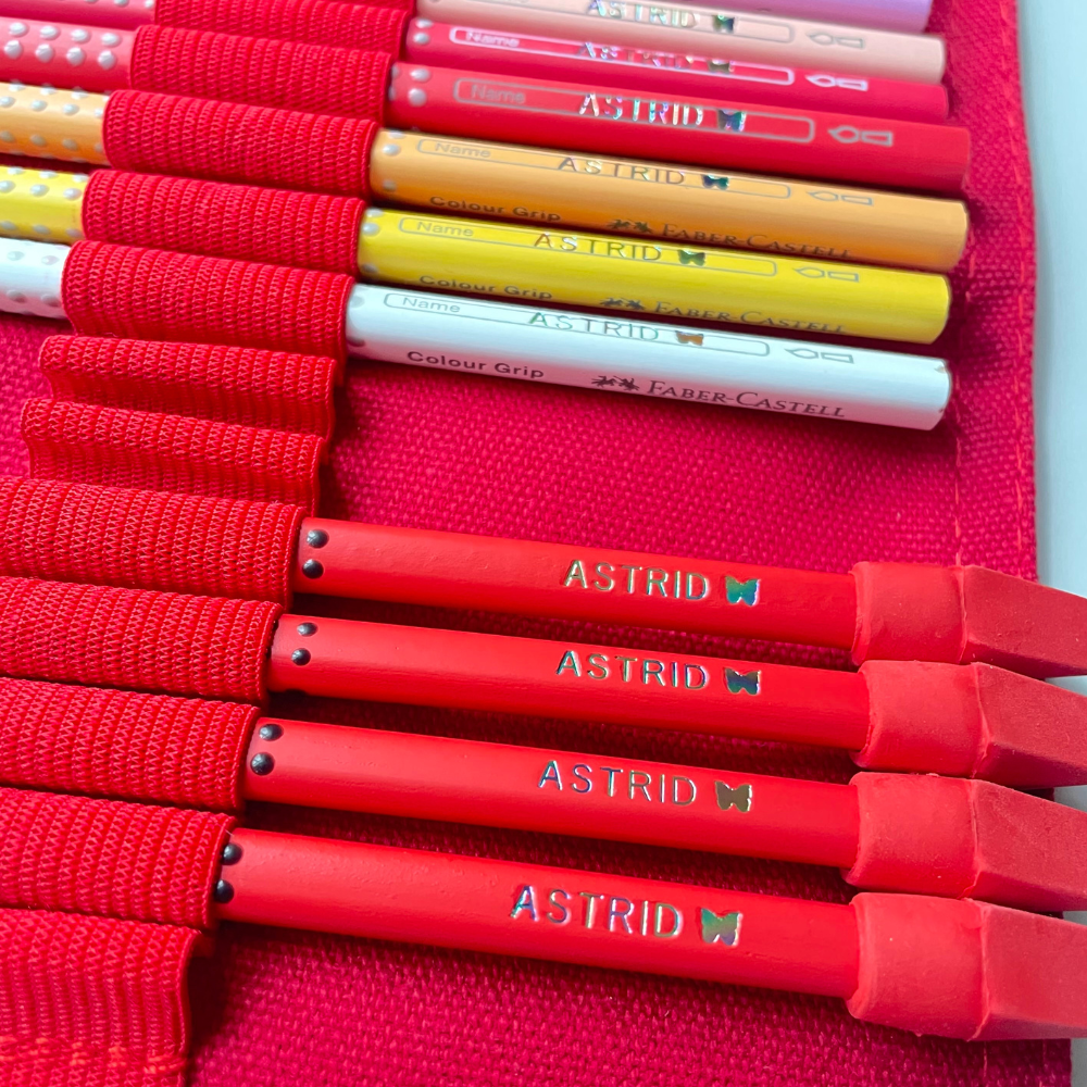 Personalized Faber-Castell coloring pencils. Large set including  pencils and roll-up pencil case