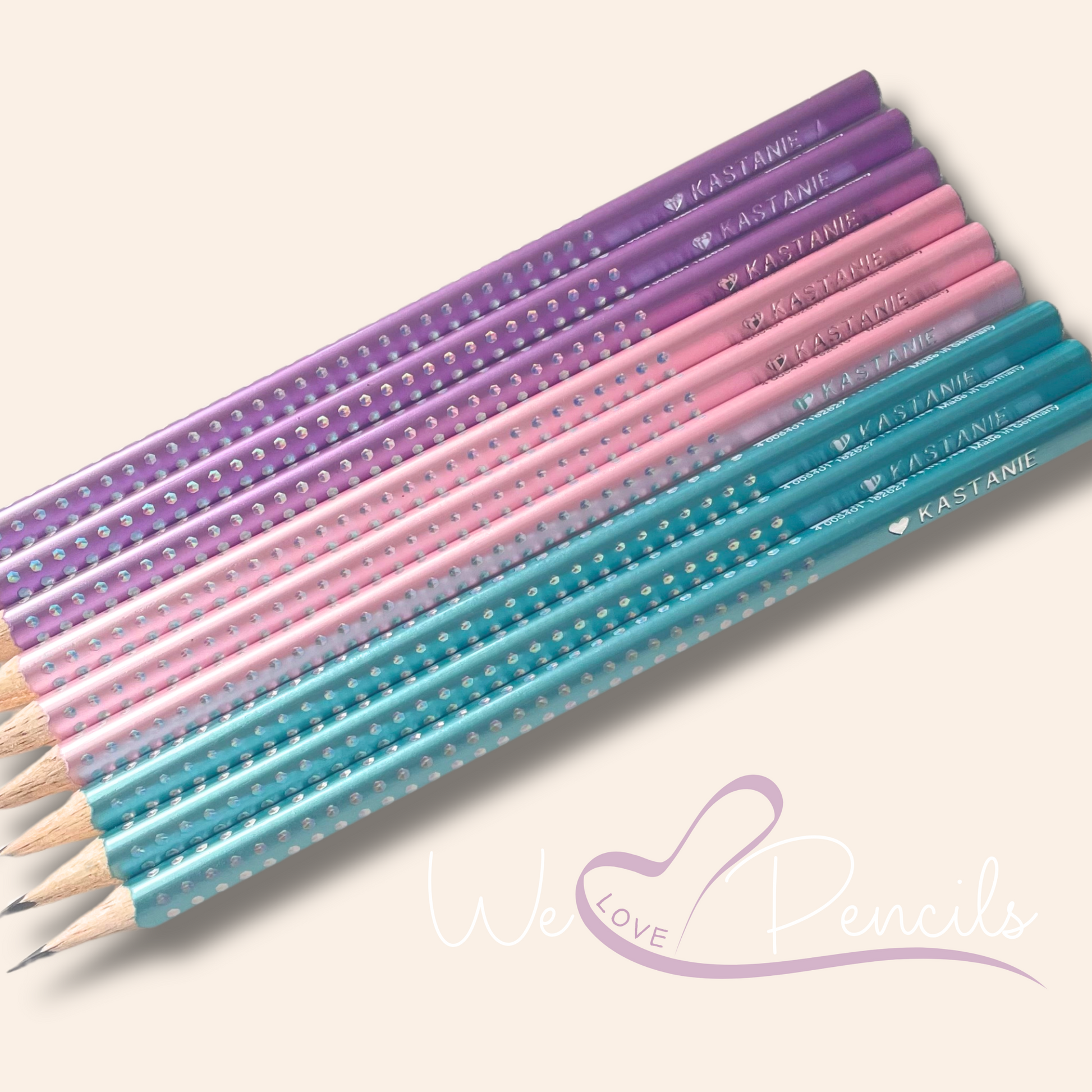 Personalized Faber-Castell Sparkle Edition pencils in metallic hues, customized with names for a unique school supply.