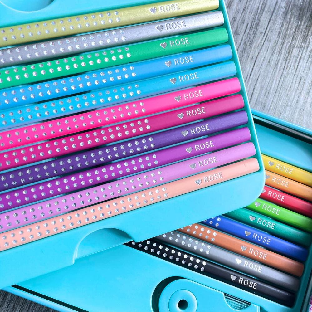 Faber-Castell Sparkle coloring pencils in a tin box with 20 Sparkling colors. Also included is a pencil sharpener. All pencils are personalized