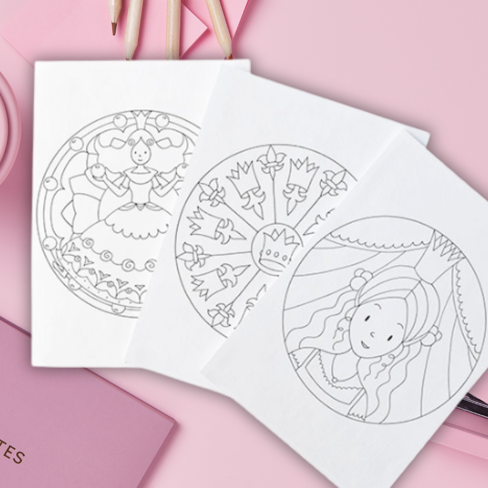 Mandalas coloring book with thick pages that are easy to take out and hang. Princess theme from 4 years and up